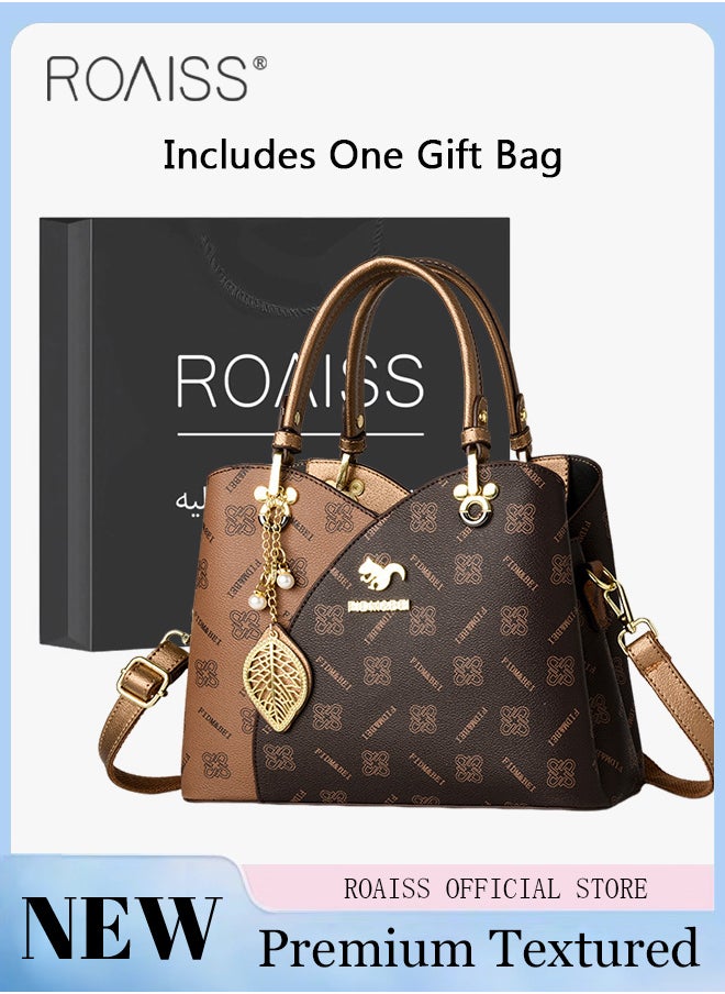 roaiss Classic Vintage Textured Handbag for Women with Pendant Decor and Gift Bag Trendy Large Capacity Shoulder Crossbody Bags in Luxury Print for Mother and Wife Suitable for Birthday Gift or Ramadan  - Image 1