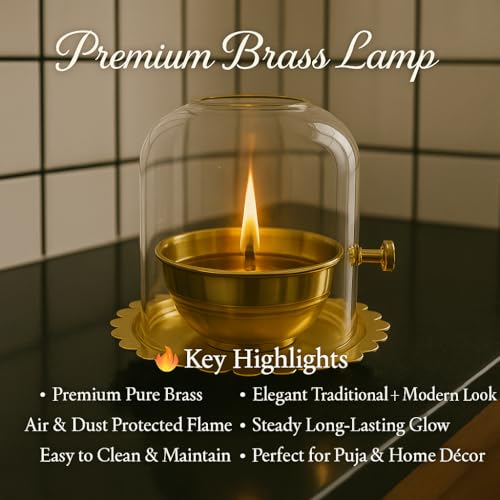 Adbeni Imported Akhand Jyot Brass Diya Lamp with Adjustable Batti | Traditional Indian Lighting | Plate 5.5 Inch, Diameeter 3.5 Inch, Depth 2.5 Inch, Glass Height 6 Inch, Capicity 300ml Approx - Image 3