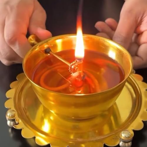 Adbeni Imported Akhand Jyot Brass Diya Lamp with Adjustable Batti | Traditional Indian Lighting | Plate 5.5 Inch, Diameeter 3.5 Inch, Depth 2.5 Inch, Glass Height 6 Inch, Capicity 300ml Approx - Image 4