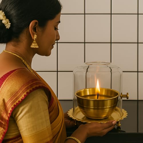 Adbeni Imported Akhand Jyot Brass Diya Lamp with Adjustable Batti | Traditional Indian Lighting | Plate 5.5 Inch, Diameeter 3.5 Inch, Depth 2.5 Inch, Glass Height 6 Inch, Capicity 300ml Approx - Image 2
