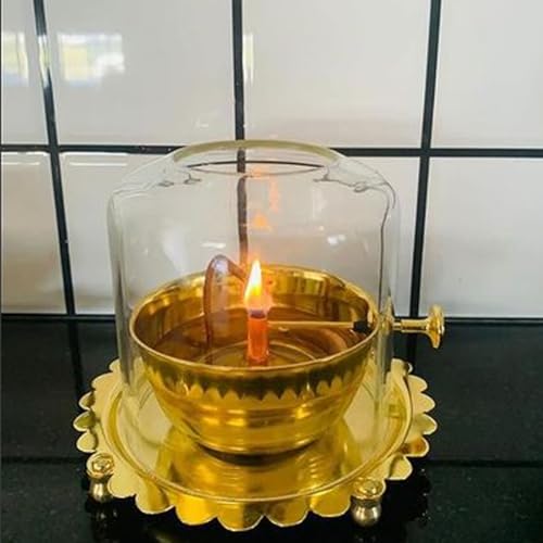 Adbeni Imported Akhand Jyot Brass Diya Lamp with Adjustable Batti | Traditional Indian Lighting | Plate 5.5 Inch, Diameeter 3.5 Inch, Depth 2.5 Inch, Glass Height 6 Inch, Capicity 300ml Approx - Image 1