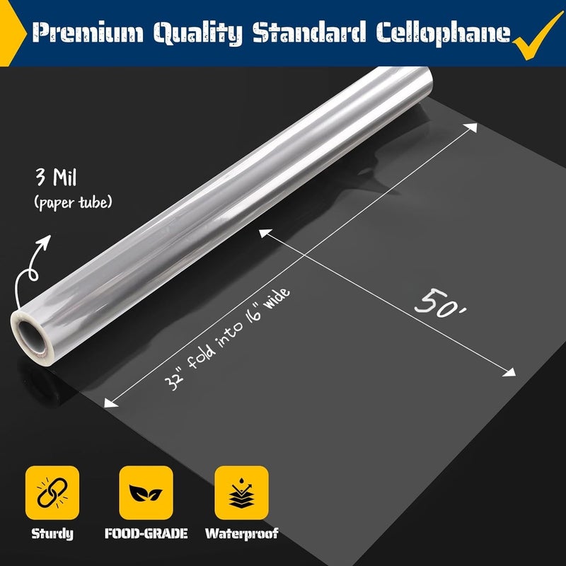 Vanhench 32inÃ—50ft 3Mil Thick Clear Cellophane Wrap Roll for Gift Basket Bag Treats Bouquet Flower Wrapping, Clear Plastic Wrap Valentines Easter Wrapping Paper (32" fold into 16") - Image 2
