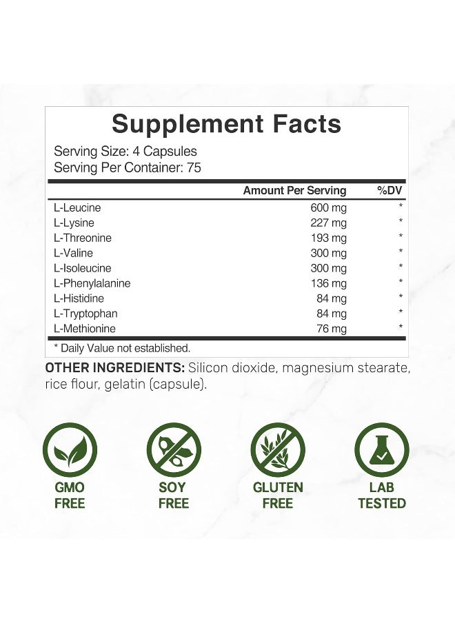 DEAL SUPPLEMENT Essential Amino Acids (Eaa) 2000Mg Per Serving, 300 Capsules – Unflavored - 9 In 1, All Bcaas (Branched-Chain Aminos) – Lean Muscle Support & Natural Pre Workout Supplement  - Image 2