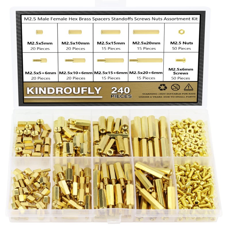 Kindroufly 240 Pieces M2.5 Male Female Hex Brass Standoffs Spacers Screws Nuts Kit, Kindroufly Brass Standoffs Assortment Kit for PCB Motherboard - Image 1