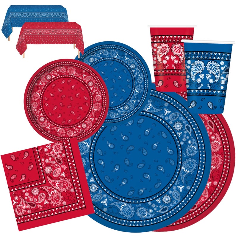 Oojami 24 Guest Red  Blue Bandana Western Party Supplies  Complete Pack with 9 Dinner Plates 7 Dessert Plates 12 oz Cups  3Ply Napkins  Cowboy Rodeo Birthday BBQ Theme Dcor