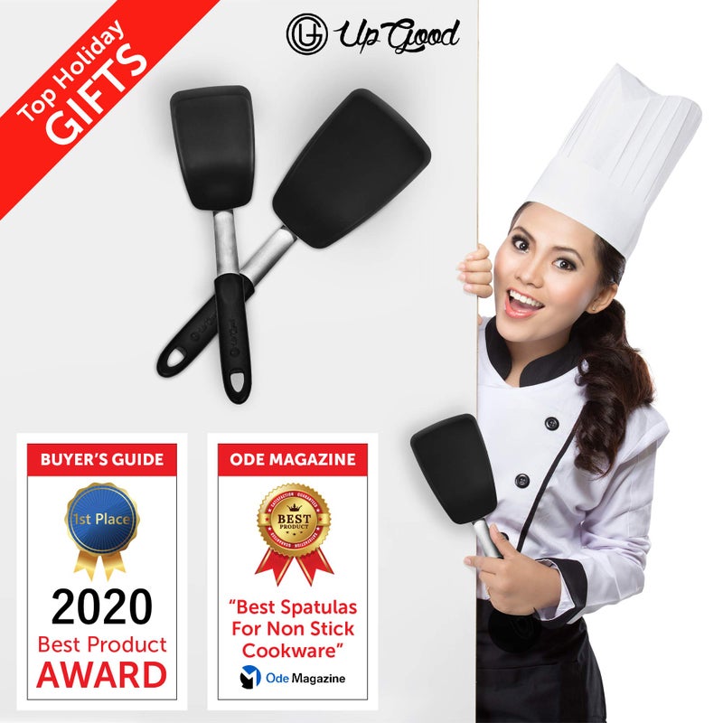 UpGood Silicone Turner Set - 2 Pack of Large and Small Kitchen Spatulas - High Heat Resistant Nonstick Utensils with Tapered Edges - Flexible Stainless Steel  BPA Free Professional Grade Cookware - Image 2