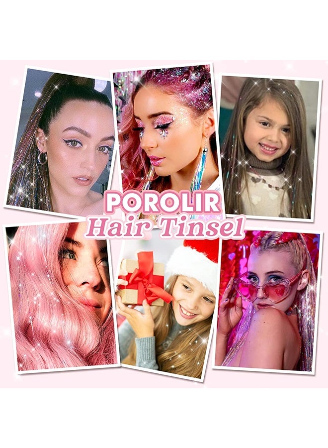 Clip in Hair Tinsel, 6Pcs Glitter Fairy Tinsel Hair Extensions 20 Inch Shiny Hair Tinsel Heat Resistant, Sparkly Strands Hair Accessories, Festival Gift for Women Girls Kids (Gold Pink) - Image 4