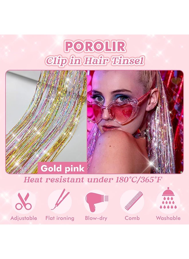 Clip in Hair Tinsel, 6Pcs Glitter Fairy Tinsel Hair Extensions 20 Inch Shiny Hair Tinsel Heat Resistant, Sparkly Strands Hair Accessories, Festival Gift for Women Girls Kids (Gold Pink) - Image 2