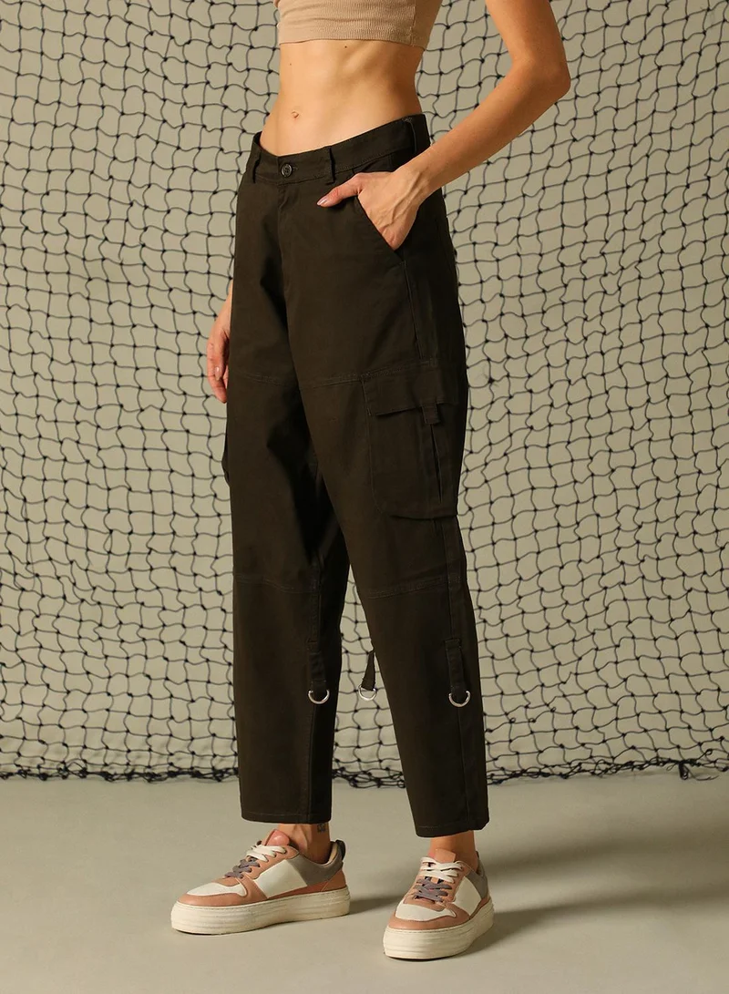 Hubberholme Women's Dark Olive Cotton Blend Solid Full Length Cargo Tapered Fit Trouser