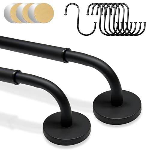 Eclatbox 2 Pack Magnetic Curtain Rod for Metal Door Adjustable 16 to 30 Inch 12 Inch Diameter French Door Magnetic Curtain Rods with Hooks Black - Image 1