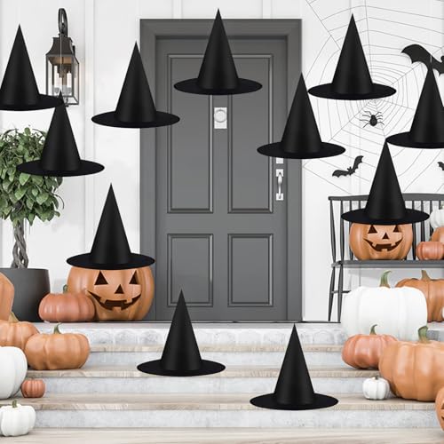CESOF 12 PCS Halloween Decorations Witch Hat Costume Accessory, Thickened Hanging Black Wizard Hats Bulk for Women Kids with Rope Floating Porch Indoor Outdoor Hocus Pocus Decor Party Supplies - Image 1