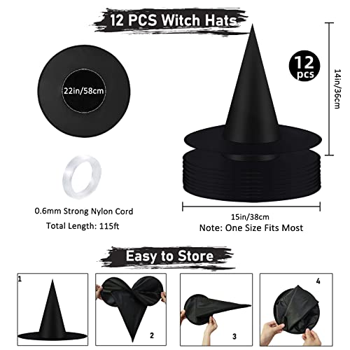 CESOF 12 PCS Halloween Decorations Witch Hat Costume Accessory, Thickened Hanging Black Wizard Hats Bulk for Women Kids with Rope Floating Porch Indoor Outdoor Hocus Pocus Decor Party Supplies - Image 3
