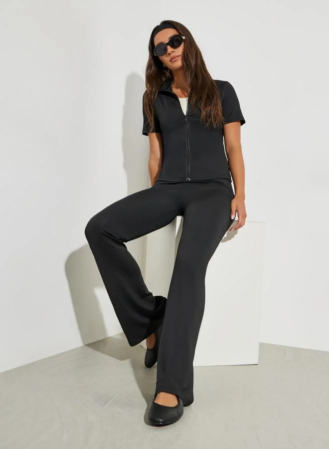 Styli Black Front Zip T-Shirt and Flare Leggings Co-Ords
