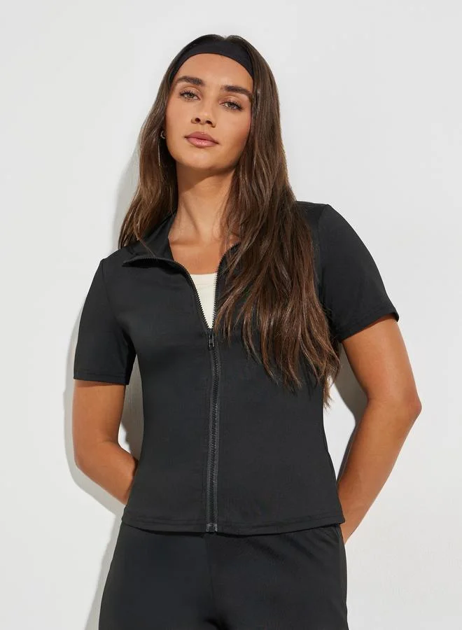 Styli Black Front Zip T-Shirt and Flare Leggings Co-Ords