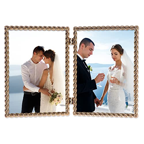 Lawrence Frames 5x7 Hinged Double Cast Metal Picture Frames Gold Rope Design - Image 3