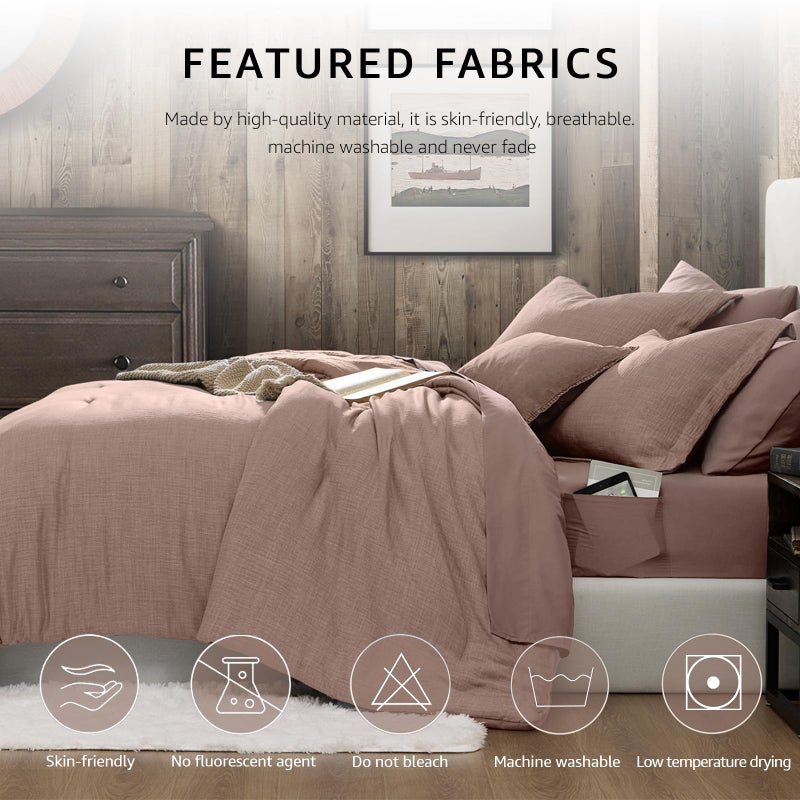 Geniospin Queen Comforter Set - 7 Pieces Comforter Queen Size, Soft Solid Bedding Set for All Season, Textured Bed in a Bag with Sheets, Pillowcases & Shams (Misty Rose, 90''x90'') - Image 3