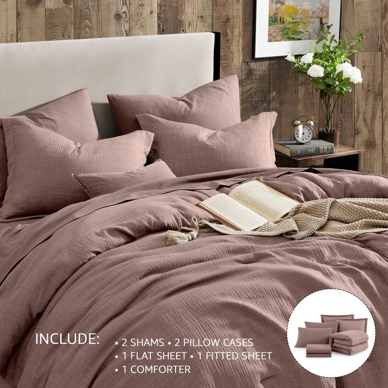 Geniospin Queen Comforter Set - 7 Pieces Comforter Queen Size, Soft Solid Bedding Set for All Season, Textured Bed in a Bag with Sheets, Pillowcases & Shams (Misty Rose, 90''x90'') - Image 4