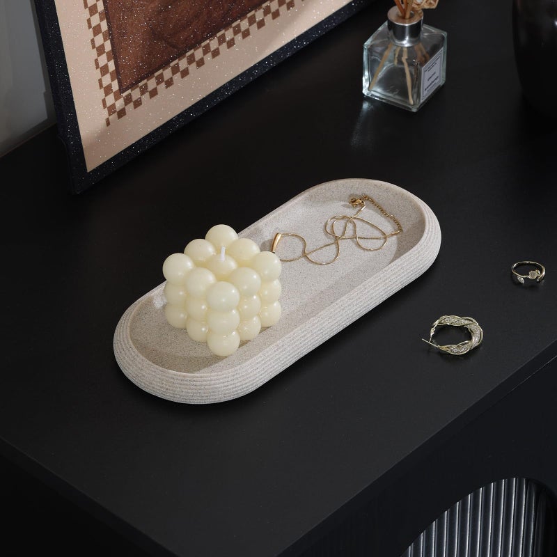 Haocoott Jewelry Tray Bathtub, Resin Stone Look Decorative Perfume Tray, Bathroom Marble Vanity Organizer Plate Holder for Ring Soap Towel Small Things on Kitchen Sink Countertop (Beige, Medium) - Image 4