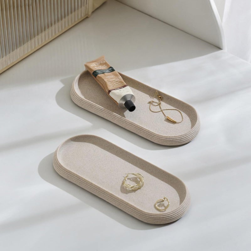 Haocoott Jewelry Tray Bathtub, Resin Stone Look Decorative Perfume Tray, Bathroom Marble Vanity Organizer Plate Holder for Ring Soap Towel Small Things on Kitchen Sink Countertop (Beige, Medium) - Image 5