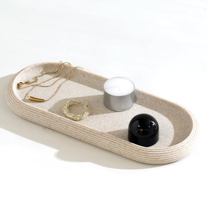 Haocoott Jewelry Tray Bathtub, Resin Stone Look Decorative Perfume Tray, Bathroom Marble Vanity Organizer Plate Holder for Ring Soap Towel Small Things on Kitchen Sink Countertop (Beige, Medium) - Image 1