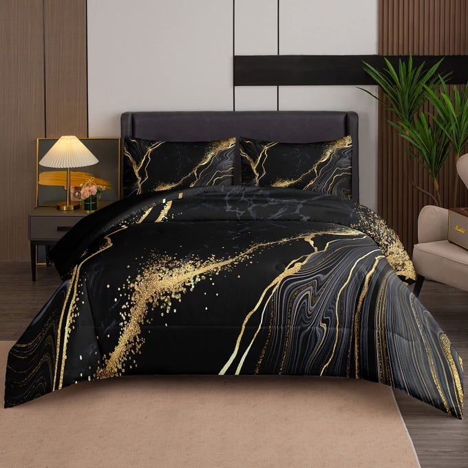 MARBLE BEDDING SET SOFT MICROFIBER BLACK AND GOLD COMFORTER SET KING SIZE FOR KIDS MEN AND WOMEN WITH 1 MARBLE COMFORTER AND 2 PILLOWCASES