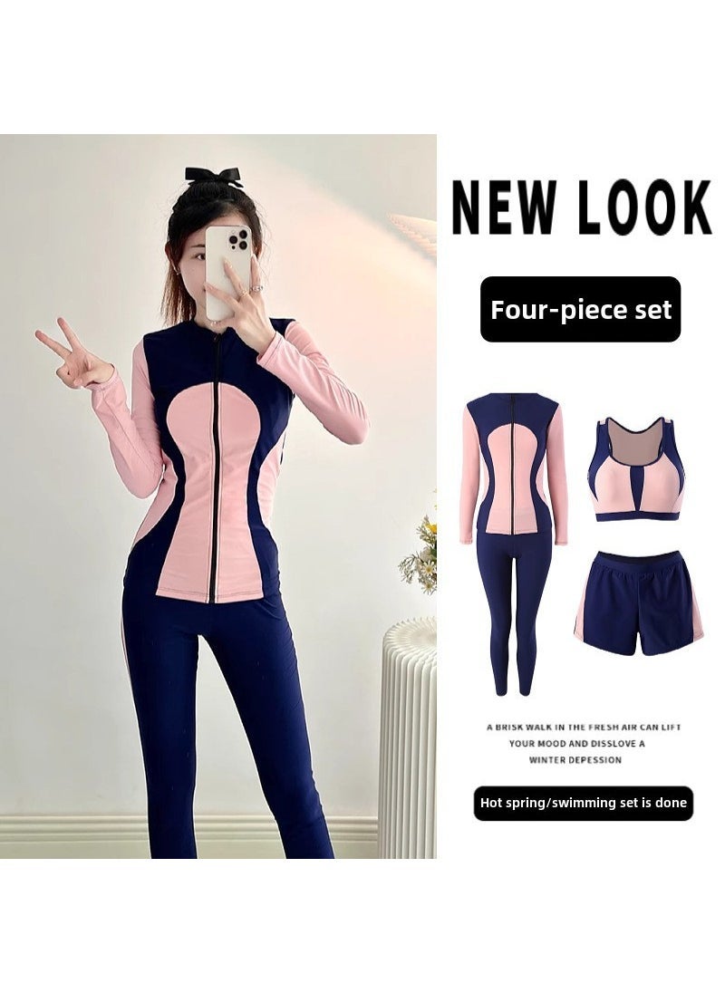 Generic Long Sleeve Diving Suit Skirt-Style Swimwear for Women 53206 pink (four-piece set)