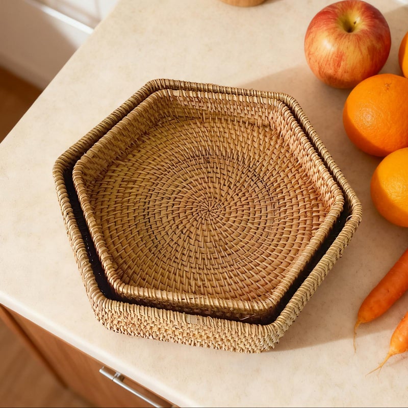 Hexagon Rattan Baskets Serving Set 2 Pieces Natural Wicker Storage - Image 4