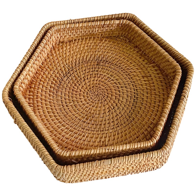 Hexagon Rattan Baskets Serving Set 2 Pieces Natural Wicker Storage - Image 2