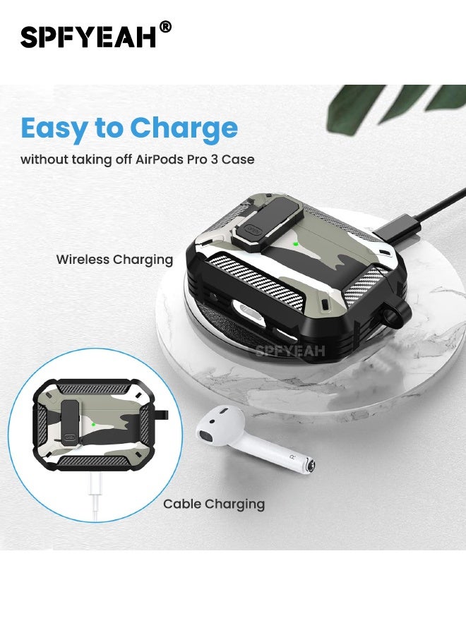 SPFYEAH AirPods Pro 3rd Generation Case Cover, with Secure Lock Clip & Keychain & Cleaner kit, Hard Shell Rugged Shockproof Carbon Fiber Protection Cover for AirPods Pro 3 (2025), Camo Gery - Image 3