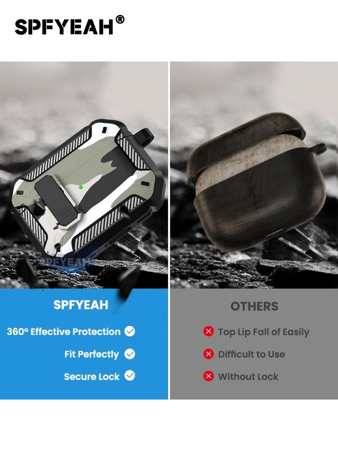 SPFYEAH AirPods Pro 3rd Generation Case Cover, with Secure Lock Clip & Keychain & Cleaner kit, Hard Shell Rugged Shockproof Carbon Fiber Protection Cover for AirPods Pro 3 (2025), Camo Gery - Image 4