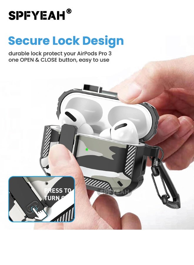 SPFYEAH AirPods Pro 3rd Generation Case Cover, with Secure Lock Clip & Keychain & Cleaner kit, Hard Shell Rugged Shockproof Carbon Fiber Protection Cover for AirPods Pro 3 (2025), Camo Gery - Image 2
