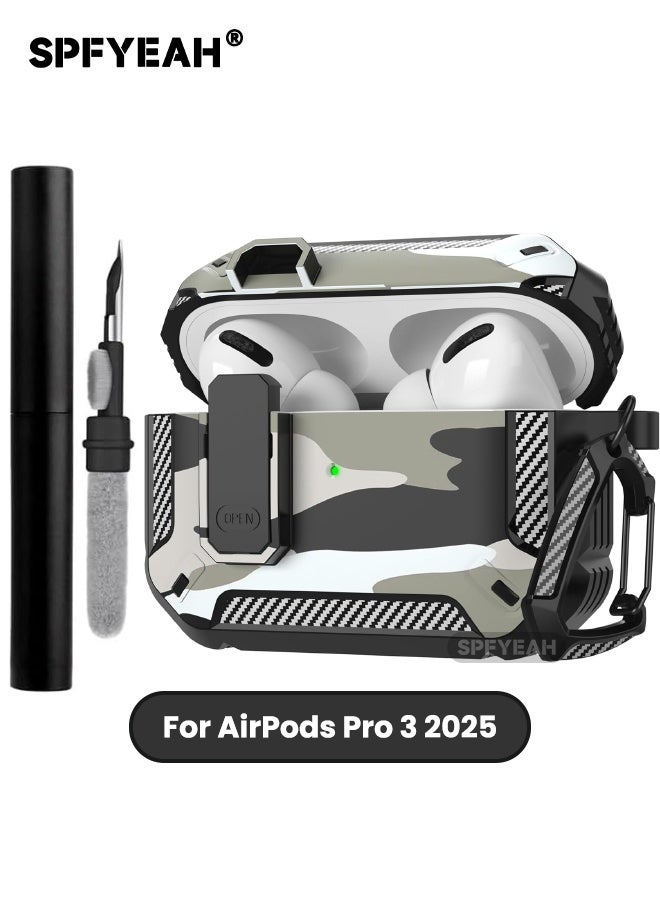 SPFYEAH AirPods Pro 3rd Generation Case Cover, with Secure Lock Clip & Keychain & Cleaner kit, Hard Shell Rugged Shockproof Carbon Fiber Protection Cover for AirPods Pro 3 (2025), Camo Gery - Image 1