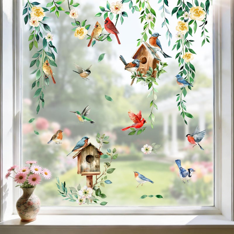 Mfault Spring Summer Birds Floral Window Clings, Cardinal Bluebird Birdhouse Hummingbird Rose Flower Stickers Decals Decorations, Farmhouse Botanical Leaves Home Living Room Kitchen Decor - Image 1