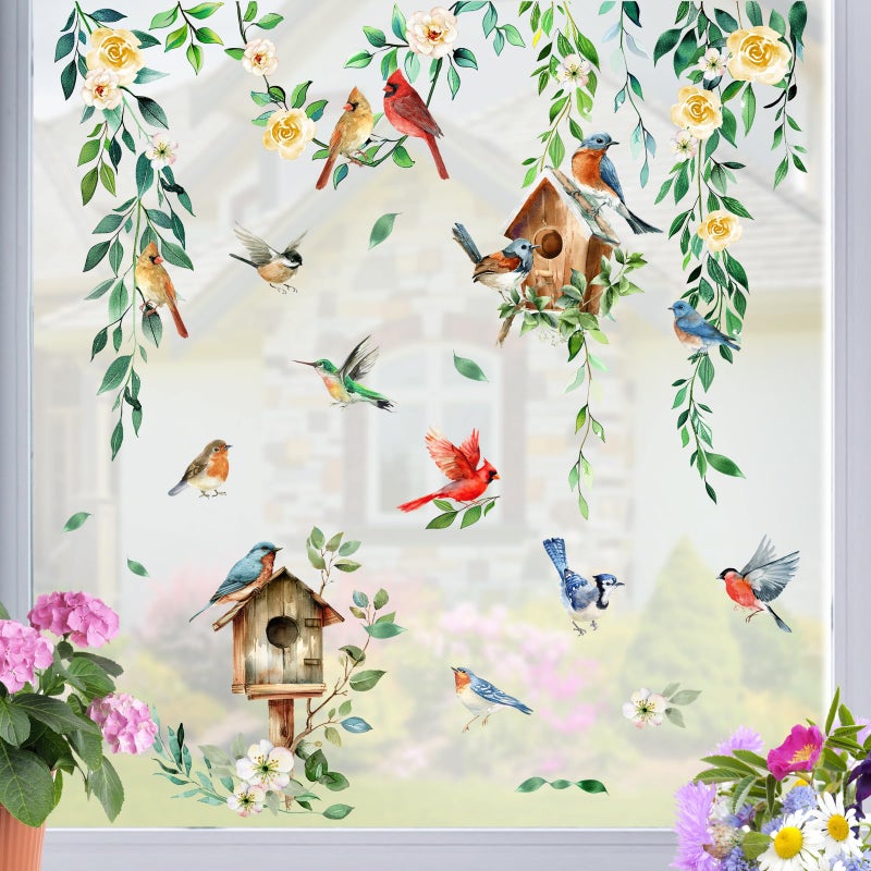 Mfault Spring Summer Birds Floral Window Clings, Cardinal Bluebird Birdhouse Hummingbird Rose Flower Stickers Decals Decorations, Farmhouse Botanical Leaves Home Living Room Kitchen Decor - Image 3