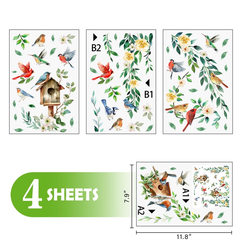 Mfault Spring Summer Birds Floral Window Clings, Cardinal Bluebird Birdhouse Hummingbird Rose Flower Stickers Decals Decorations, Farmhouse Botanical Leaves Home Living Room Kitchen Decor - Image 2