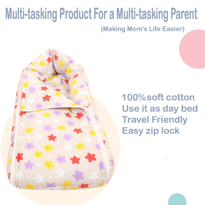 Nonibud Baby Cotton Sleeping Bed Cum Carrying Nest Bag with Storage Bag # Large Size 77 Cms X 40 Cms # 0-9 Months (Pinky Stars) - Image 3