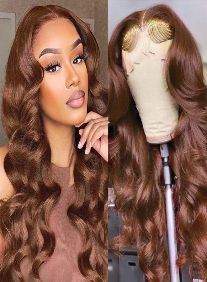 FKFO 200% Density Chocolate Brown Human Hair Wigs 13x4 Body Wave Lace Front Wig Pre Plucked Chestnut Brown Colored Human Hair Wigs For Women HD Transparent Lace Front Wig 24 Inch - Image 5