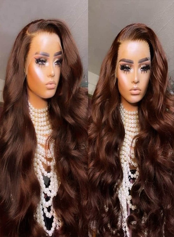 FKFO 200% Density Chocolate Brown Human Hair Wigs 13x4 Body Wave Lace Front Wig Pre Plucked Chestnut Brown Colored Human Hair Wigs For Women HD Transparent Lace Front Wig 24 Inch - Image 2