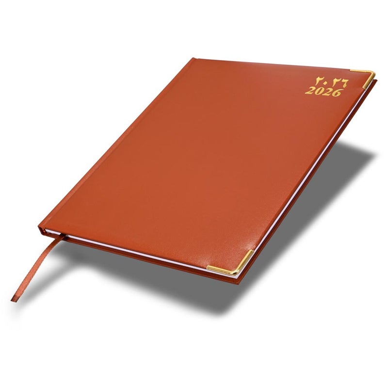 FIS 2026 Executive Diary, 210x260mm, 1 Side Padded Vinyl Cover, Golden Corners, 1 Week at a Glance, Arabic/English/French, 70gsm White Paper, Brown Cover-FSDI33AE26BR - Image 1