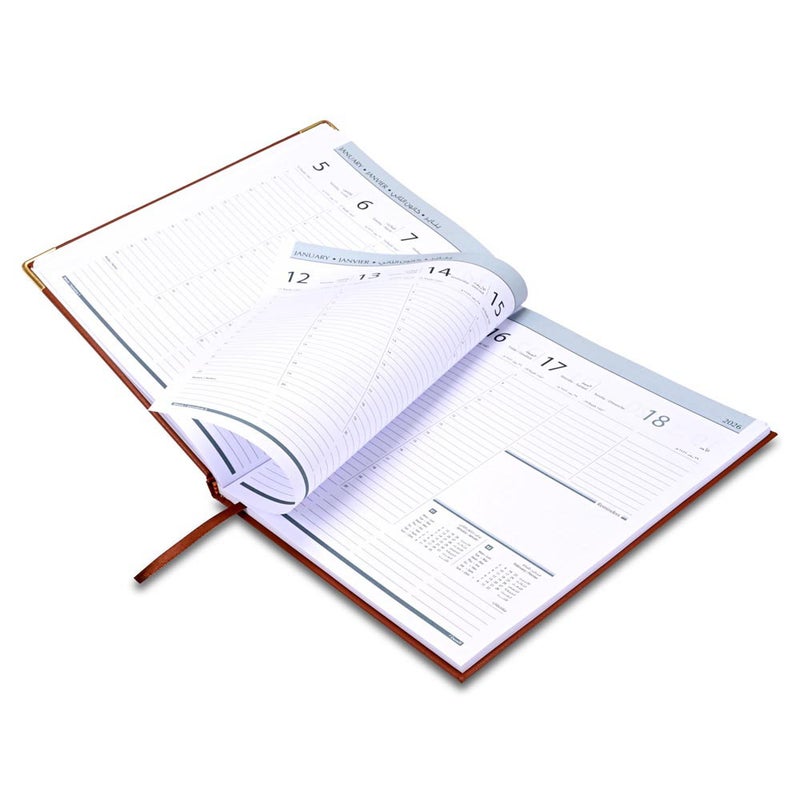 FIS 2026 Executive Diary, 210x260mm, 1 Side Padded Vinyl Cover, Golden Corners, 1 Week at a Glance, Arabic/English/French, 70gsm White Paper, Brown Cover-FSDI33AE26BR - Image 4