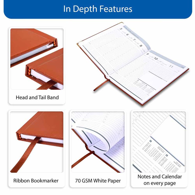 FIS 2026 Executive Diary, 210x260mm, 1 Side Padded Vinyl Cover, Golden Corners, 1 Week at a Glance, Arabic/English/French, 70gsm White Paper, Brown Cover-FSDI33AE26BR - Image 5