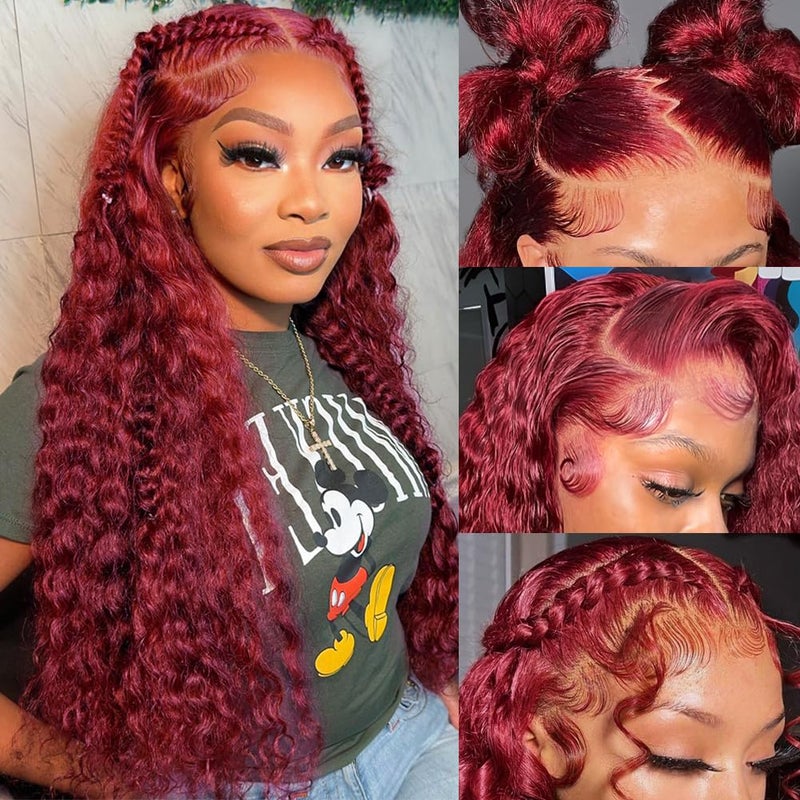 Hedy 30 Inch 99J Burgundy Deep Wave Lace Frontal Human Hair Wigs for Women Pre Plucked Natural Hairline Glueless 13x6 Lace Front Wigs Human Hair 180% Density Deep Wave Full Lace Frontal Wine Red