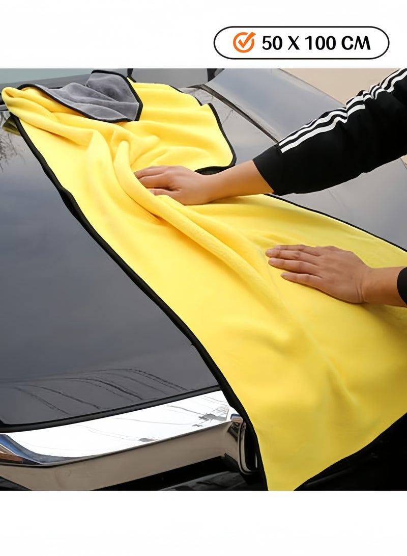 Large Microfiber Car Cleaning Towel 50*100cm, Ultra Soft Wash & Dry Cloth (Grey-Yellow) - Image 1