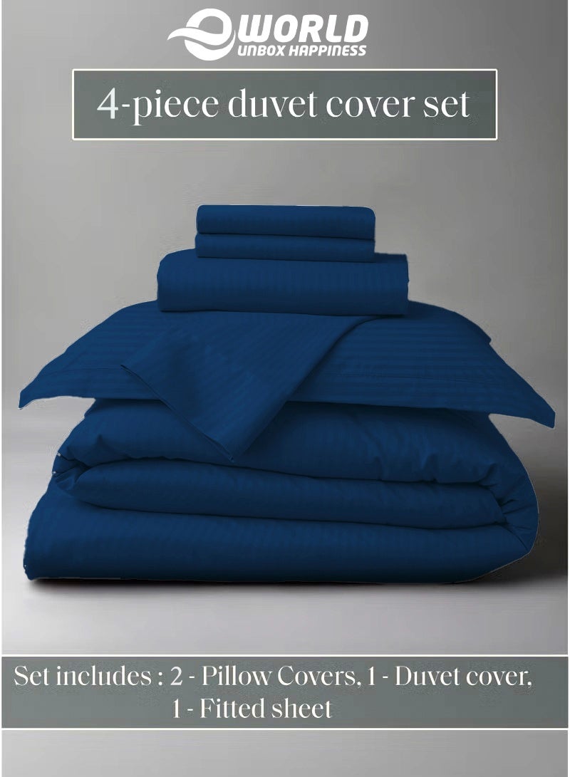 Eworld Premium Striped Duvet Set All Season – 4-Pieces Set Navy Blue | King Size 220x240 cm | Ultra-Soft, Wrinkle-Resistant & Made in Dubai | Includes Duvet Cover, Fitted Sheet (200x200 cm) & 2 Pillowcases (50x70 cm) - Image 2