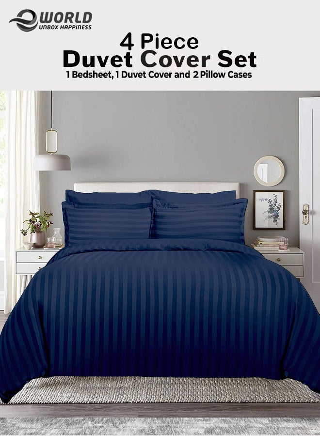 Eworld Premium Striped Duvet Set All Season – 4-Pieces Set Navy Blue | King Size 220x240 cm | Ultra-Soft, Wrinkle-Resistant & Made in Dubai | Includes Duvet Cover, Fitted Sheet (200x200 cm) & 2 Pillowcases (50x70 cm) - Image 1
