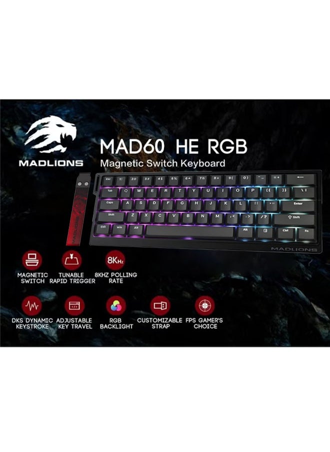 Madlions mad60 HE 60% Wired Magnetic Keyboard with 8000 Hz Polling Rate, Hall Effect Switches, Hot-Swap, for FPS Games (Black)