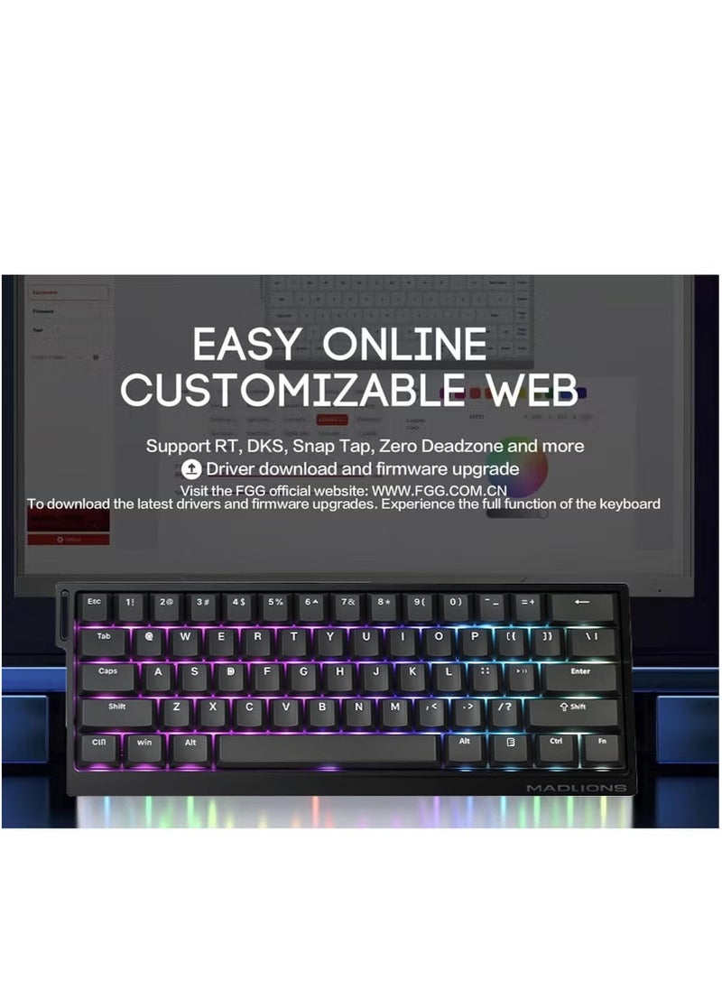 Madlions mad60 HE 60% Wired Magnetic Keyboard with 8000 Hz Polling Rate, Hall Effect Switches, Hot-Swap, for FPS Games (Black)