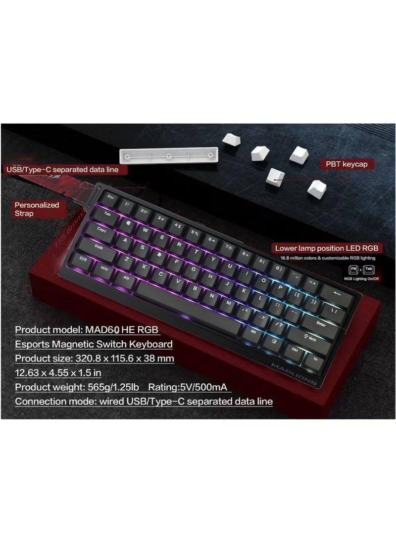 Madlions mad60 HE 60% Wired Magnetic Keyboard with 8000 Hz Polling Rate, Hall Effect Switches, Hot-Swap, for FPS Games (Black)