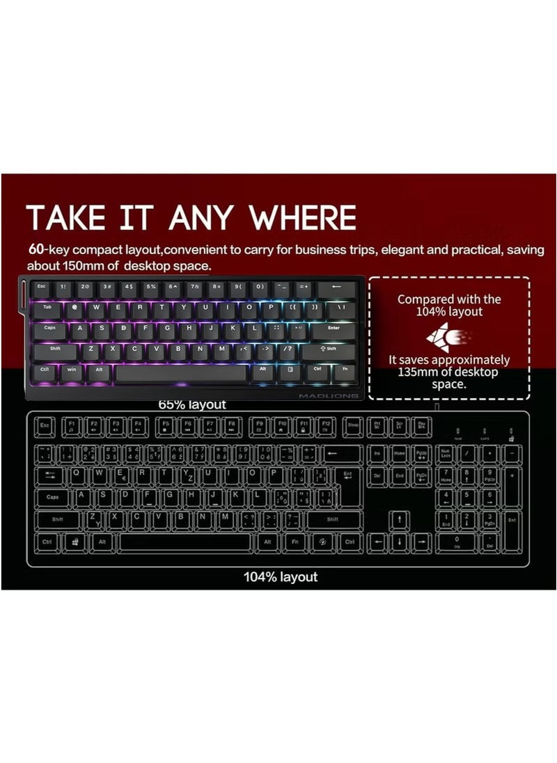 Madlions mad60 HE 60% Wired Magnetic Keyboard with 8000 Hz Polling Rate, Hall Effect Switches, Hot-Swap, for FPS Games (Black)