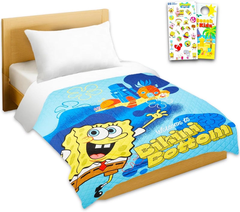 Spongebob Squarepants طقم غطاء سرير سبونجبوب مزدوج للأطفال - حزمة مع غطاء سرير مبطن لسرير كامل بالإضافة إلى ملصقات، وأكثر | طقم سرير سبونجبوب مزدوج للأولاد والبنات - Image 1